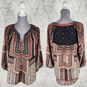 Figueroa & Flower Geometric Print Lace Back Peasant Blouse